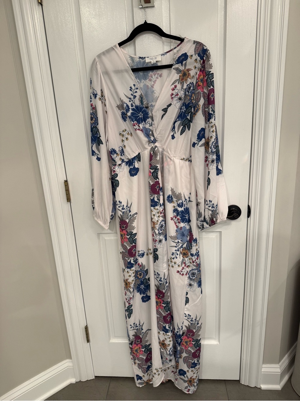 Peach Love California White Maxi Dress with Blue and Pink Floral Print